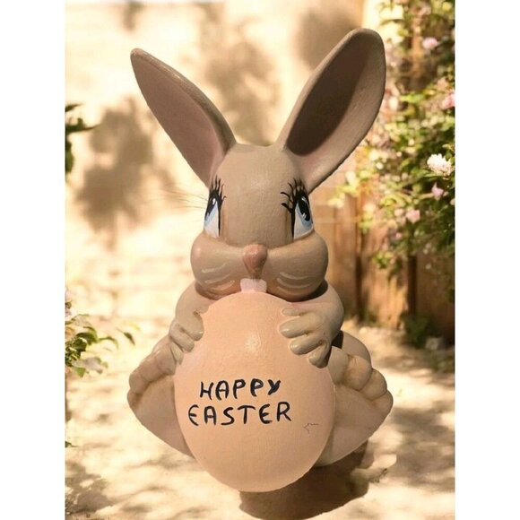 Vintage Pink Happy Easter Bunny Holding Easter Egg Holiday Figurine Statue - Picture 1 of 3